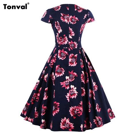 Tonval Summer Floral Vintage Women Plus Size S 4xl Retro Stunning Dress Cap Sleeve Rockabilly