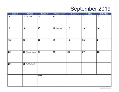 Free Download Printable September 2019 Calendar With Holidays