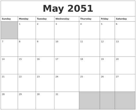 May 2051 Blank Printable Calendar