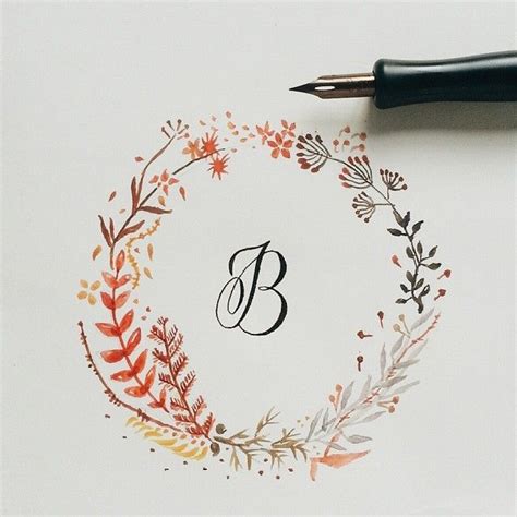B Calligraphy With Floral Watercolor Wreath Design Lettering
