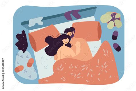 Loving Couple Lying In Bed Together Flat Vector Illustration Man And Woman Cuddling After Sex