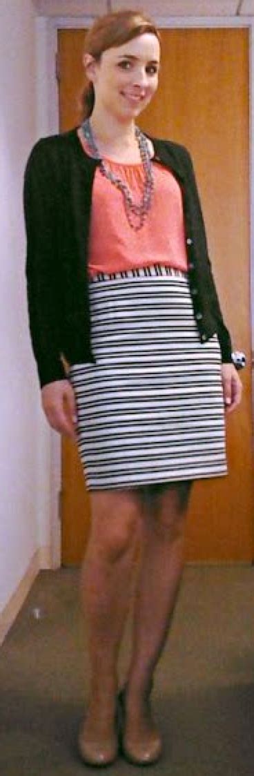 outfit post twofer striped pencil skirt coral sleevless top navy cardigan and grey pencil skirt
