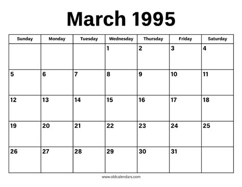 March 1995 Calendar Printable Old Calendars