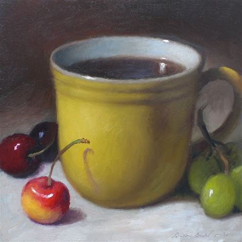 A Painting Of A Yellow Mug With Cherries And Green Apples On The Table