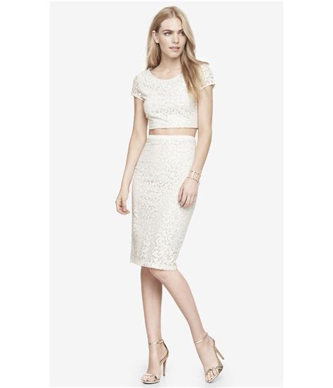 lyst express high waist lace midi pencil skirt in white