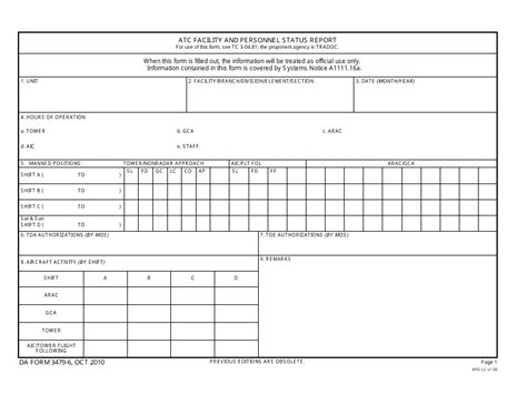 Da Form 3479 6 Download Fillable Pdf Atc Facility And Personnel Status