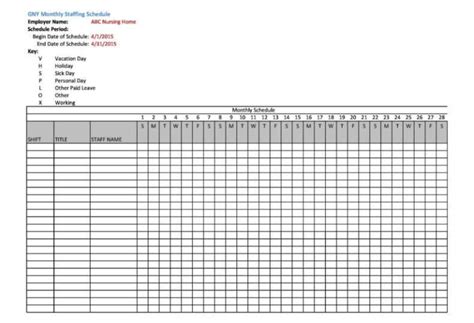 Monthly Staffing Schedule Template Printable Example