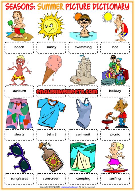 Summer Esl Printable Picture Dictionary Worksheet For Kids Summer