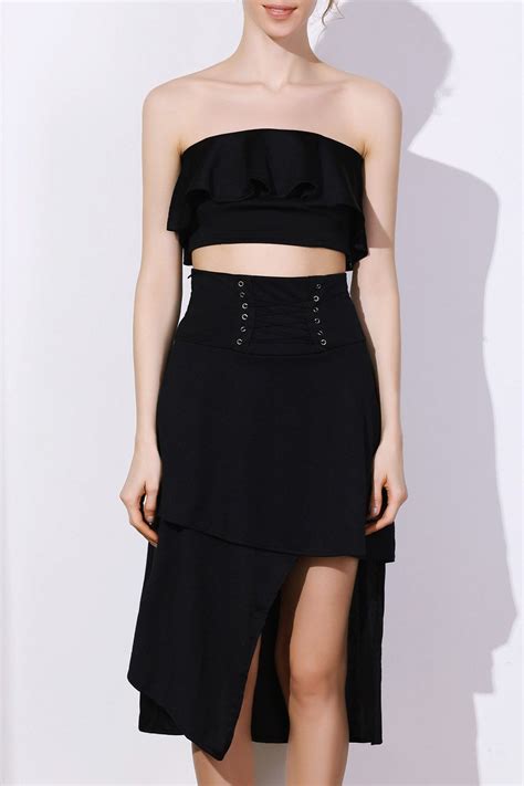 [23 off] 2021 stylish high waisted lace up solid color asymmetrical women s skirt in black