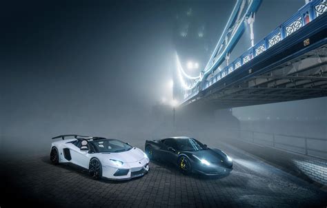 Lamborghini Ferrari Bridge Night Aventador Fog