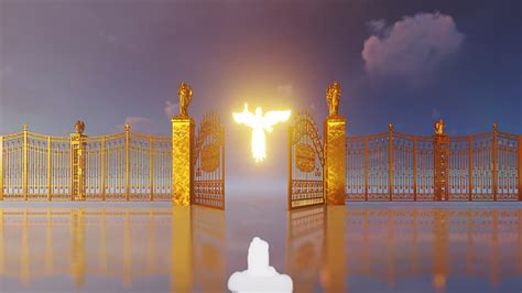 Golden Gates Of Heaven Opening To Reveal Glowing Angel And Flying White