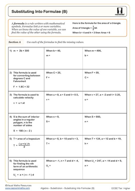 Substituting Into Formulae B Worksheet Printable Pdf Worksheets