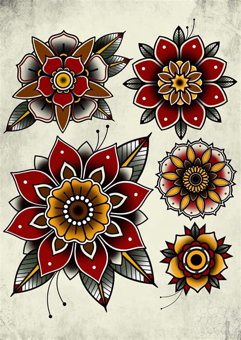 Traditional Mandala Tattoo Flower Flash Print A3 Etsy Uk
