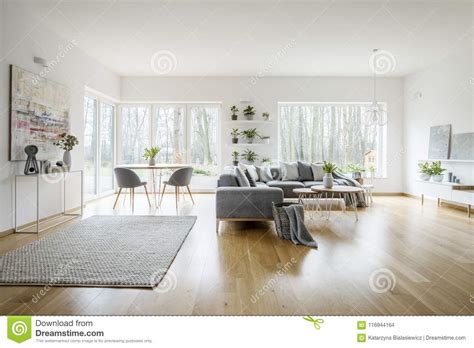 White Elegant Living Room Interior With Windows Stock