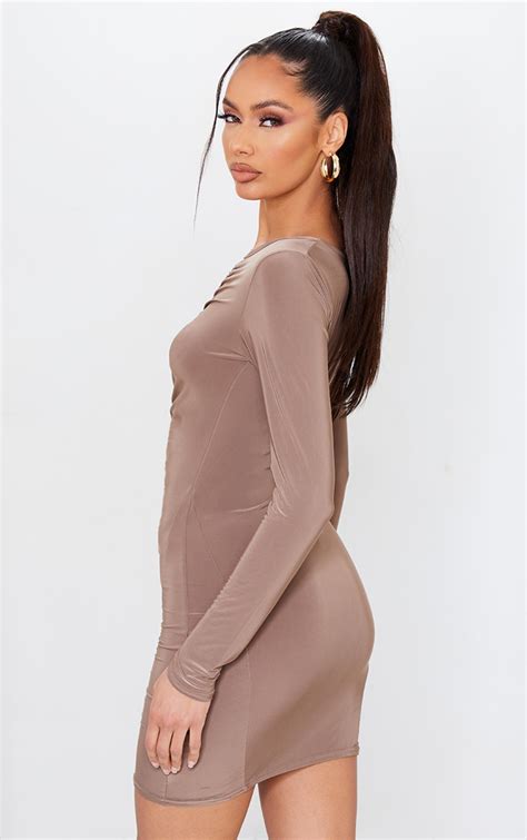 Taupe Slinky Ruched Front Long Sleeve Bodycon Dress Prettylittlething Aus