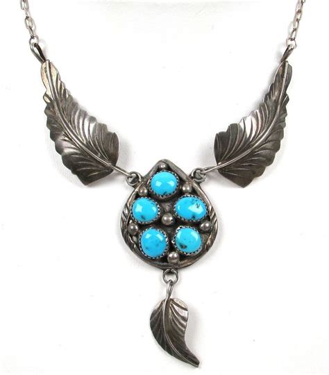 Vintage Navajo Sterling Silver Turquoise Winged Feather Necklace Arnold