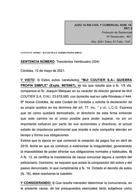 Sentencia De Quiebra Tp Para Nota De Proceso Concursos Y Quiebras