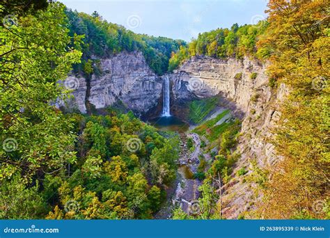 Fall Forests Around Giant Rocky Canyon And Large Waterfall Stock Image