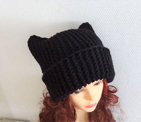 Black Cat Hat Chunky Beanie Knit Hat Animals Hat Cat Ears Etsy