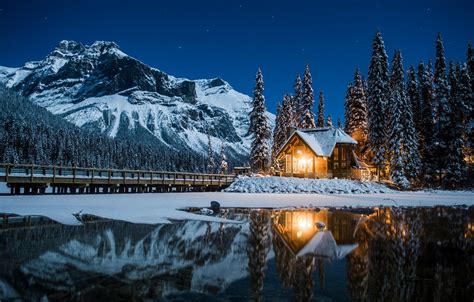 Wallpaper Winter Mountains Night Lights House Canada Images For
