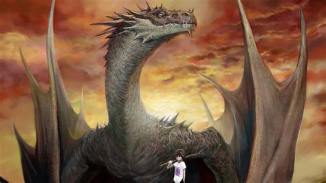 Fantasy Dragon Is Standing Near A Boy In A Background Of Reddish Yellow