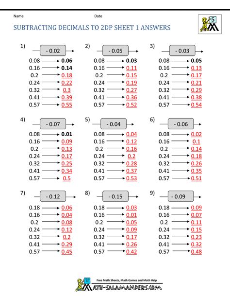 Math Worksheets Decimals Subtraction Subtracting Decimals Worksheet