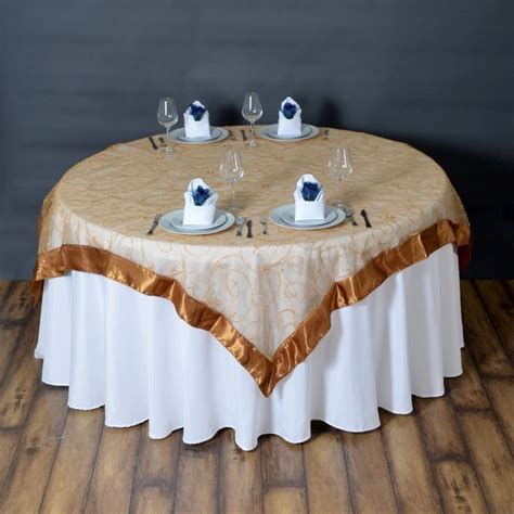 X Gold Embroidered Sheer Organza Square Table Overlay With Satin Edge Table Overlays