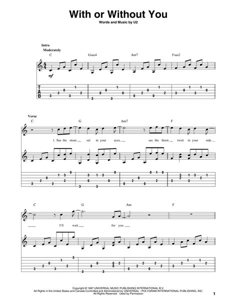 Six String Fingerpicking With Or Without You Guitar Tab In C Major Download Print Sku