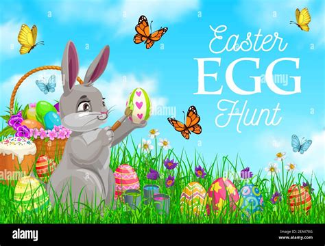 Easter Egg Hunt Vector Poster Cute Bunny Decorate Egg On Field With