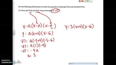 Finding The Equation Of A Quadratic Given Zeros And Point Youtube
