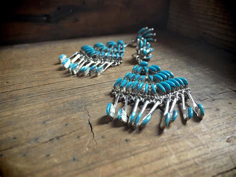 Vintage Needlepoint Chandelier Earrings Turquoise Jewelry Sterling