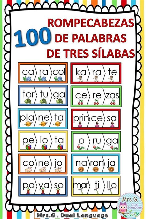 Spanish Three Syllable Words Puzzles Palabras De Tres Sílabas 100