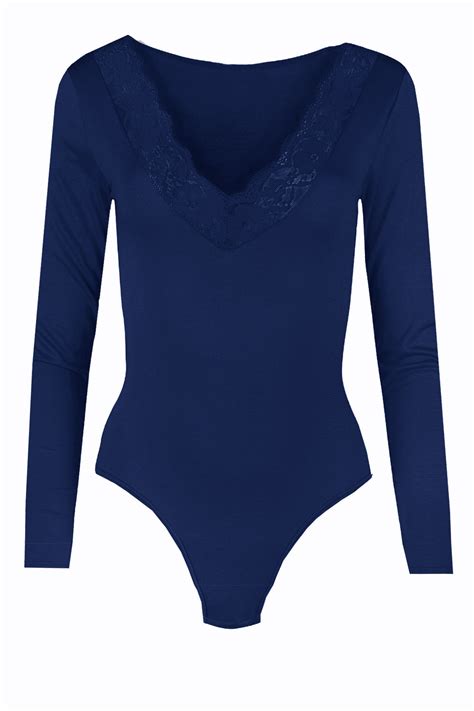 Ladies Deep V Neck Lace Trim Leotard Top Womens Long Sleeve Plunge Bodysuit 8 14 Ebay