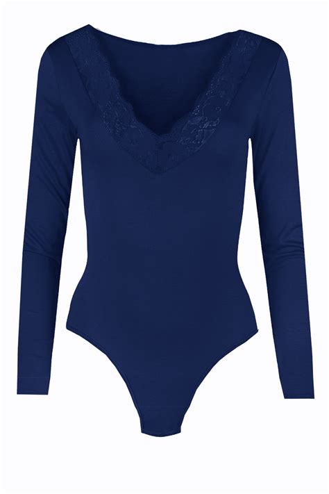 Ladies Deep V Neck Lace Trim Leotard Top Womens Long Sleeve Plunge