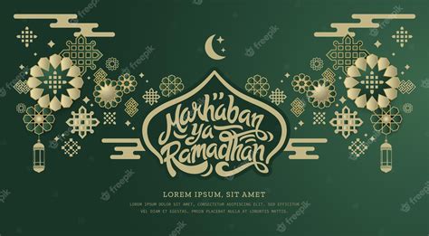 사용자 지정 타이포그래피 및 일러스트레이션이 포함된 Marhaban Ya Ramadhan 인사말 이슬람 인사말 배경은 Eid