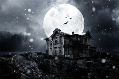 Haunted House Night Full Moon Moonlight Bats Midnight Обои для