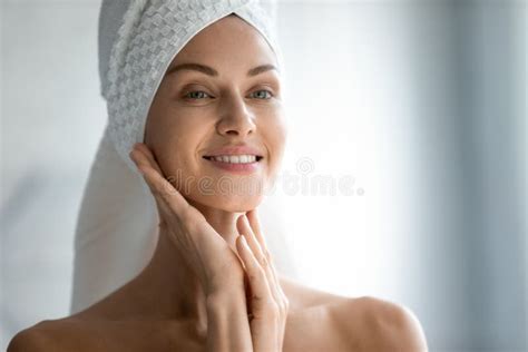 Young Woman Touch Soft Face Skin Do Facial Procedures Stock Image
