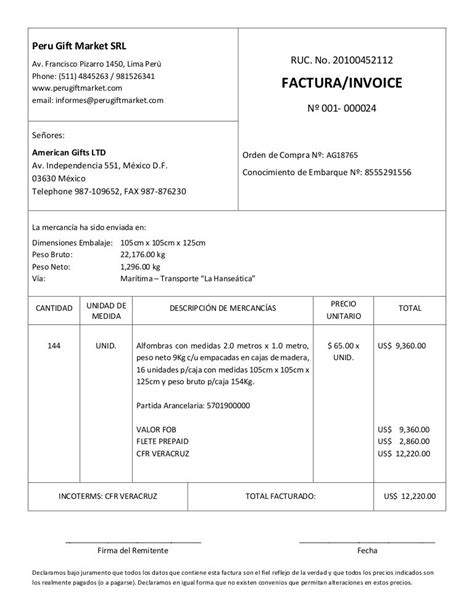 Modelo De Factura Comercial Commercial Invoice Llenada