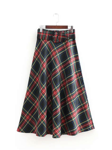 women plaid high waist midi skirt bow tie belt checkered side zipper british style casual a line