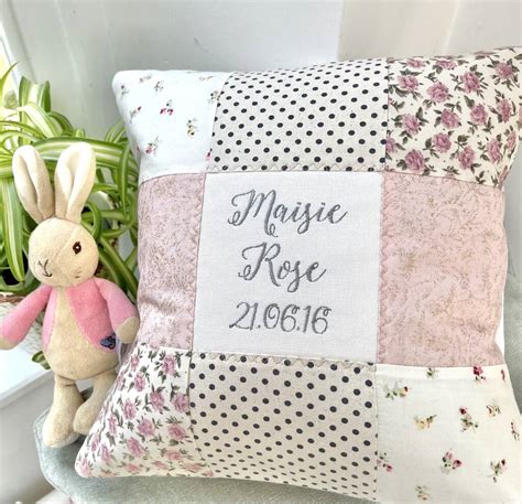 personalised sparkly name and date cushion by tuppenny house designs