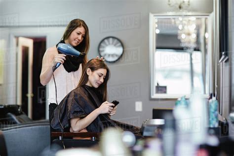 Stylist Blow Drying Clients Hair In Salon Stock Photo Dissolve