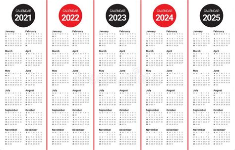 Year 2021 2022 2023 2024 2025 Calendar Vector Design Template Stock