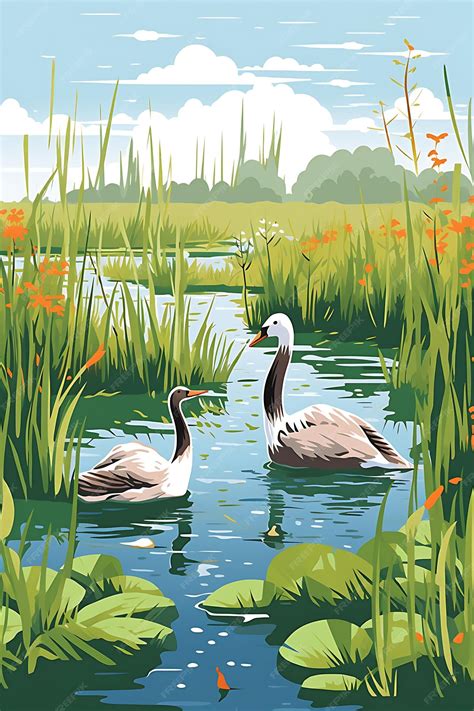 Premium Ai Image Colorful Poster Wetland Animals Marshland Life