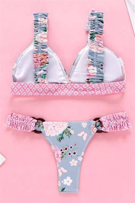 Frilled Trim Floral Printed Triangle Brazilian Bikini Swimsuit Two