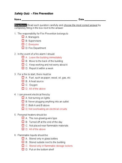 By completely filling in the box next to the answer. Safety Quiz - Fire Prevention Answer Key-1