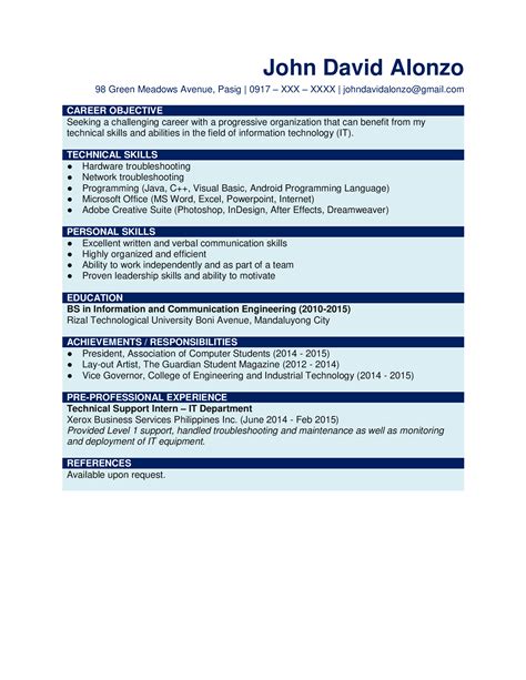 Sample Resume Formats For Fresh Graduates Jobstreet Philippines