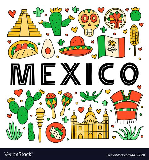 Mexican Poster With National Landmarks Food Vector Image