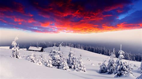 1920x1080 Houses Snow Glow Trees Hills Winter Village Forest