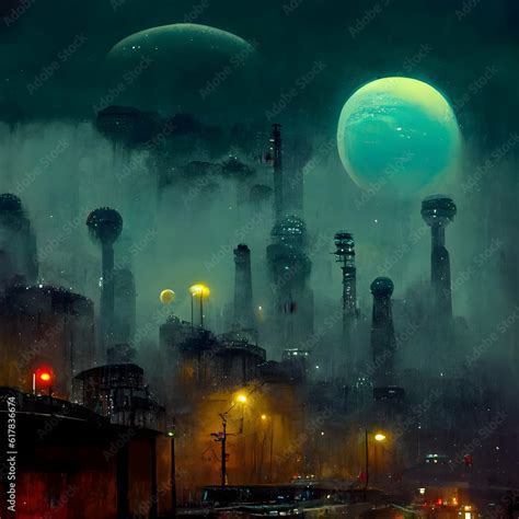 Distant Oddworld Planet Ledge Looking At Dystopian Futuristic