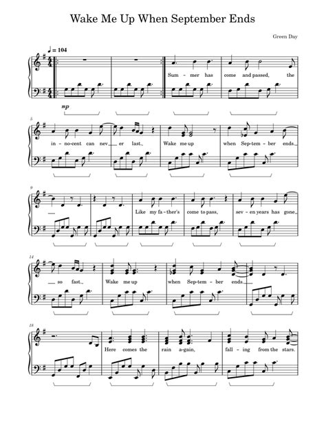 Wake Me Up When September Ends Green Day Sheet Music For Piano